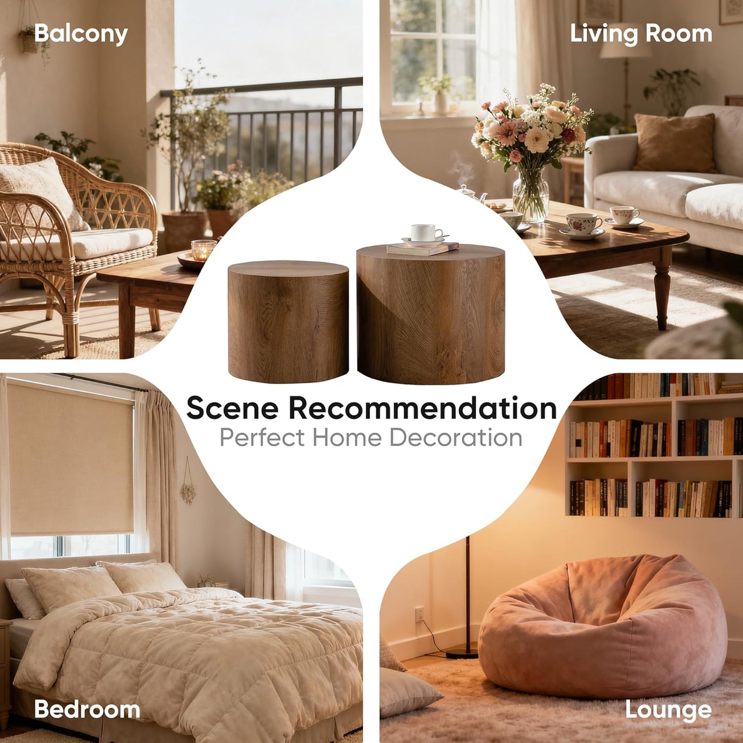 Nesting Round Coffee Table Set of 2, Small Circle Accent End Table for Small Spaces, Morden Drum Side Table, Wooden Center Table for Living Room, Fully Assembled - Light Walnut