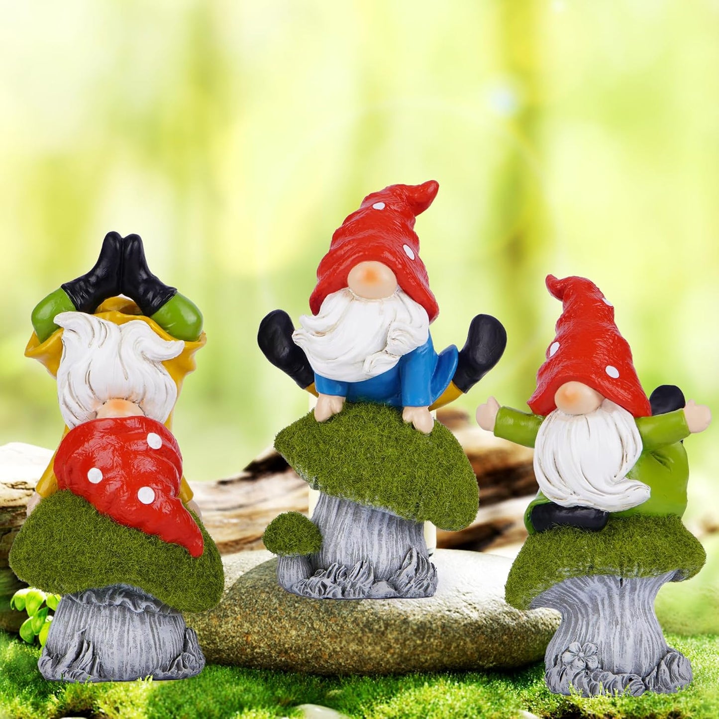 Hodao 3 PCS Spring Yoga Mushroom Gnomes Decoration Summer Elf Figurines Gifts for Home Spring Lively Garden Statues Decor for Outdoor, Mom, Mother (Green)