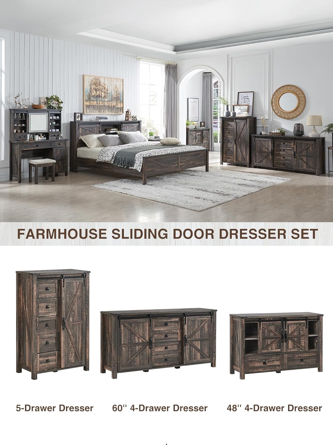 T4TREAM 48'' Farmhouse Dresser w/4 Drawers & 2 Sliding Barn Doors, Tall Chest of Drawers Organizer, Rustic Dresser TV Stand w/Adjustable Shelf for Bedroom, Living Room, Nursery Room, Dark Rustic Oak