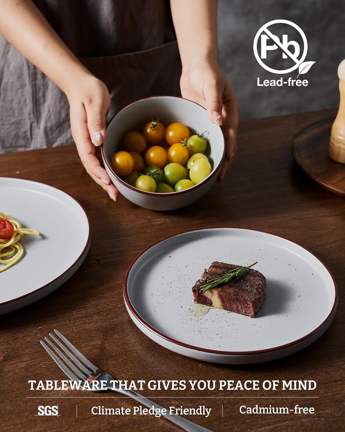 Famiware Mercury Plates and Bowls Sets, 12 Pieces Stoneware Dinnerware Sets, Dishes Set for 4, Microwave and Dishwasher Safe, Light Grey