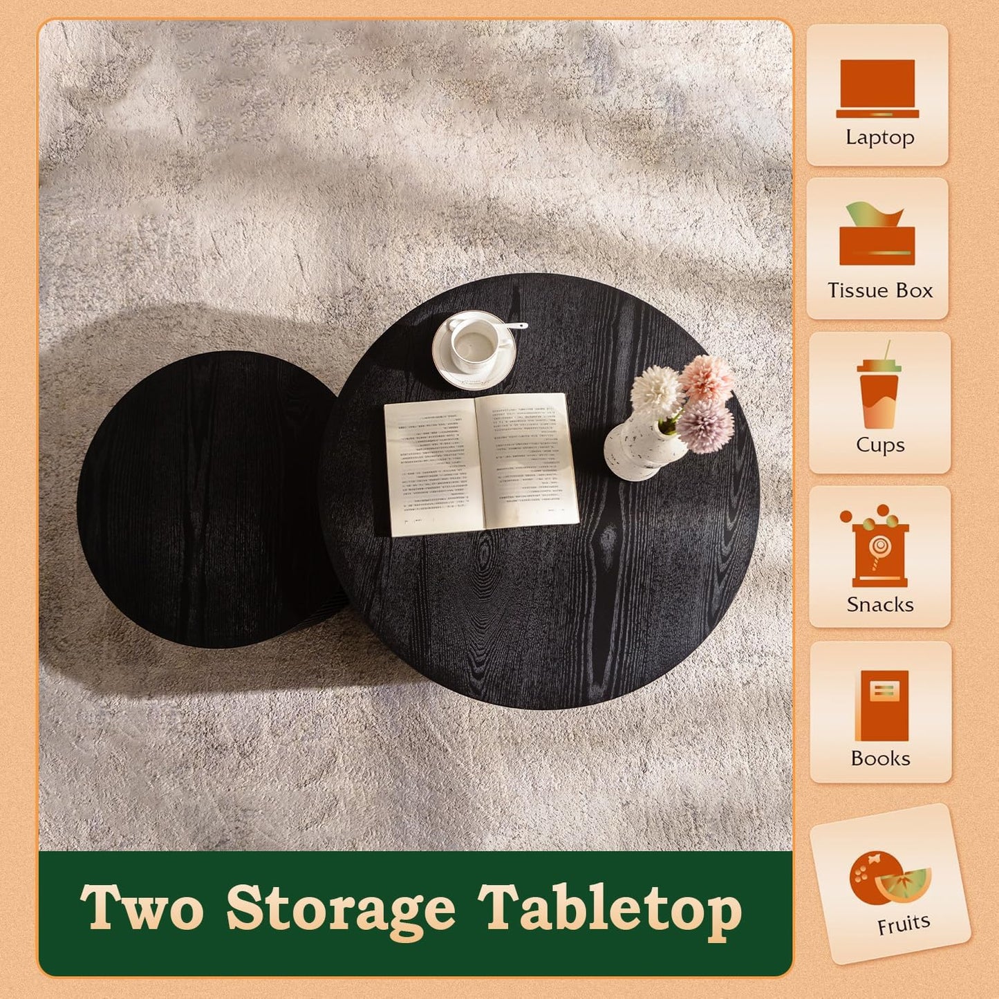 Round Nesting Coffee Table Modern Fluted Coffee Table Set of 2 Circle Drum Coffee Tables Small Round Accent Side End Table for Living Room No Assembly (Black B 27in)