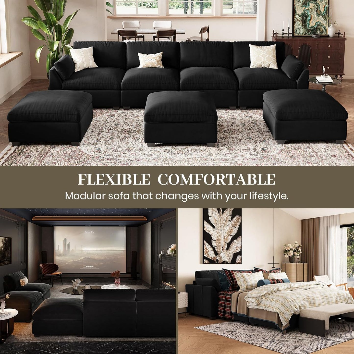 Belffin Sectional Couch with Extra Deep Seat,137.8" Cloud Modular Sectional Sofa,Convertible 6-Seater U Shaped Couches for Living Room,Oversized Comfy Velvet Black Couch