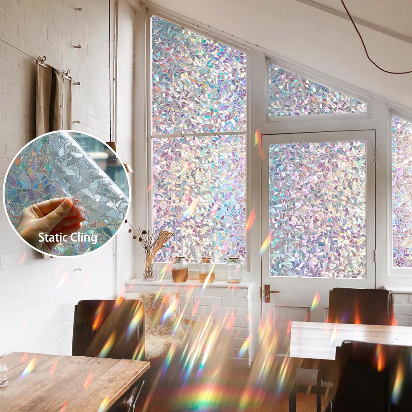 Rainbow Window Privacy Film 3D Decorative Stained Glass Window Film Anti UV Non-Adhesive Reusable 17.5" x 78.7" for Home Room Car Glass Cling
