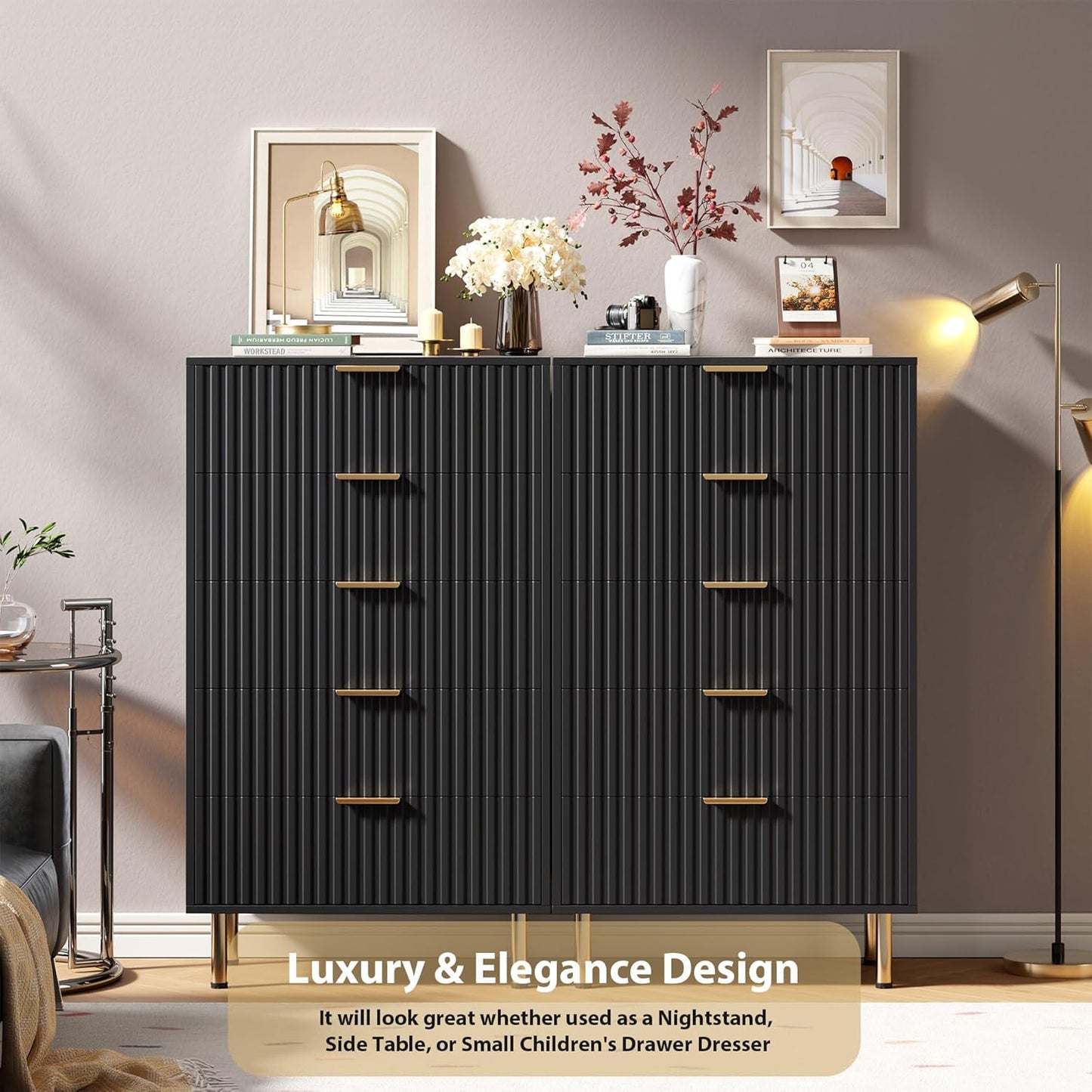 5 Drawer Dresser for Bedroom, 47.2" Tall Modern Chest of Drawers with Deep Drawers and Wide Top, Fluted Wooden Dresser Organizer for Living Room, Hallway, Kids Room, Black