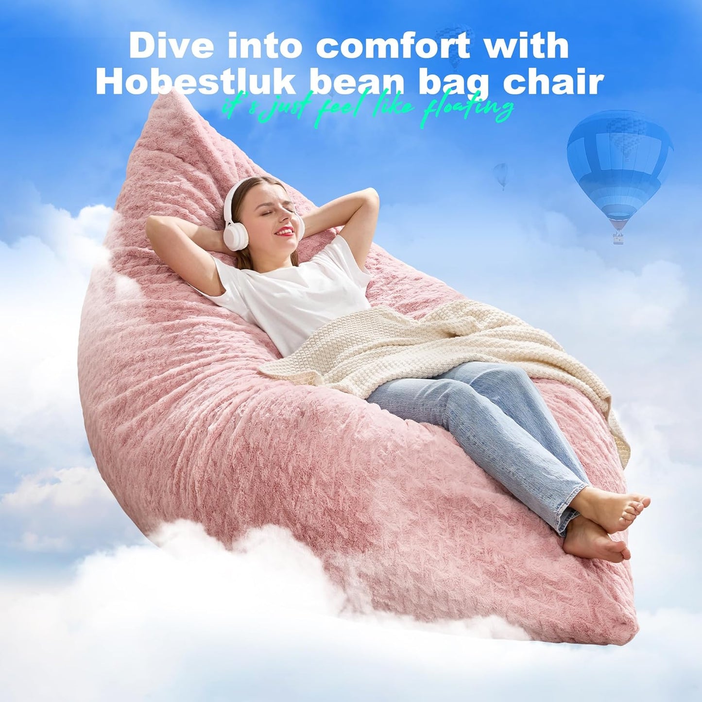 Hobestluk 3 in 1 Bean Bag Chair Giant Bean Bag Chairs for Adults with Chevron Plush Fur Cover Convertible Bean Bag Floor Cushion with Machine Washable Cover for Living Room (Chevron Plush Pink)