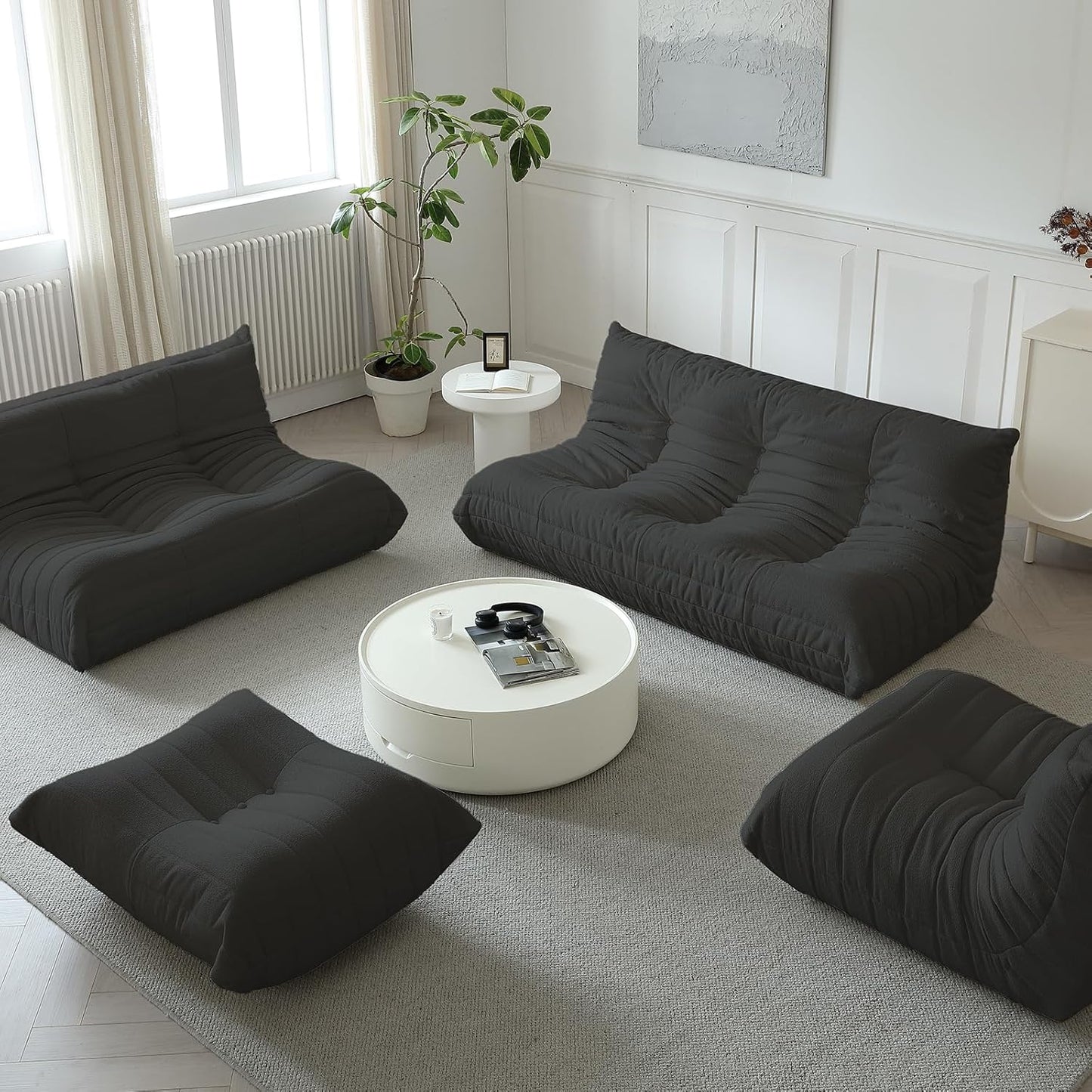 Luxury Sofa Couch Chair, Lazy Floor Seating, Fireside Bean Bag Chair, Ergonomic Tatami Sofa Lounger for Living Room, Bedroom, Office, 3 Seat, Black