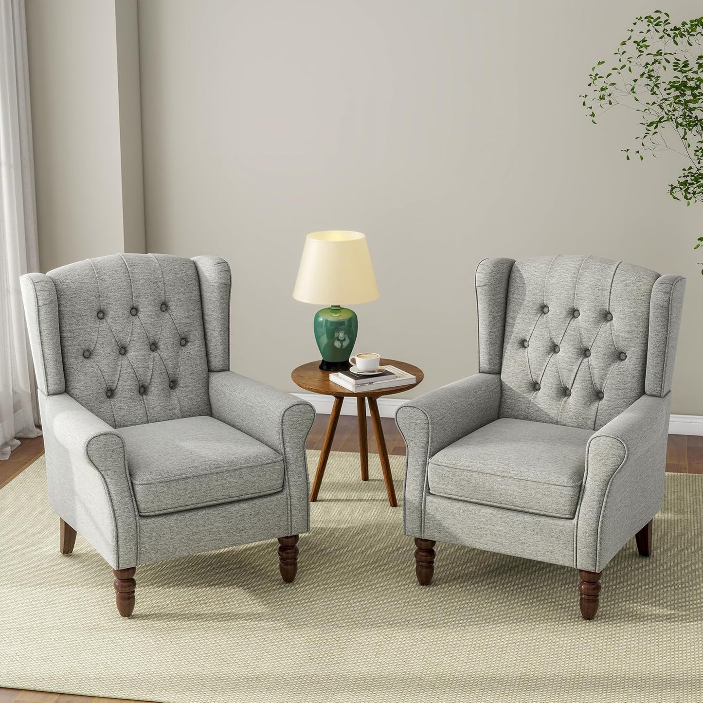 Accent Chair, Upholstered Armchair with Button Tufted High Back & Solid Wood Legs, Comfy Wingback Reading Single Sofa Chair for Small Spaces, Living Room, Bedroom (Light Grey, Set of 2)