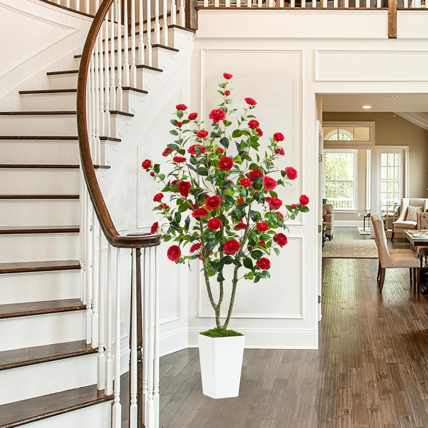 Artificial Camellia Tree 6FT Faux Trees Indoor Fake Floral Plant Blooming Tree with Red Flowers & White Tall Planter, Faux Camellia Plants for Porch Home Room Bedroom Office Front Door Outdoor Decor