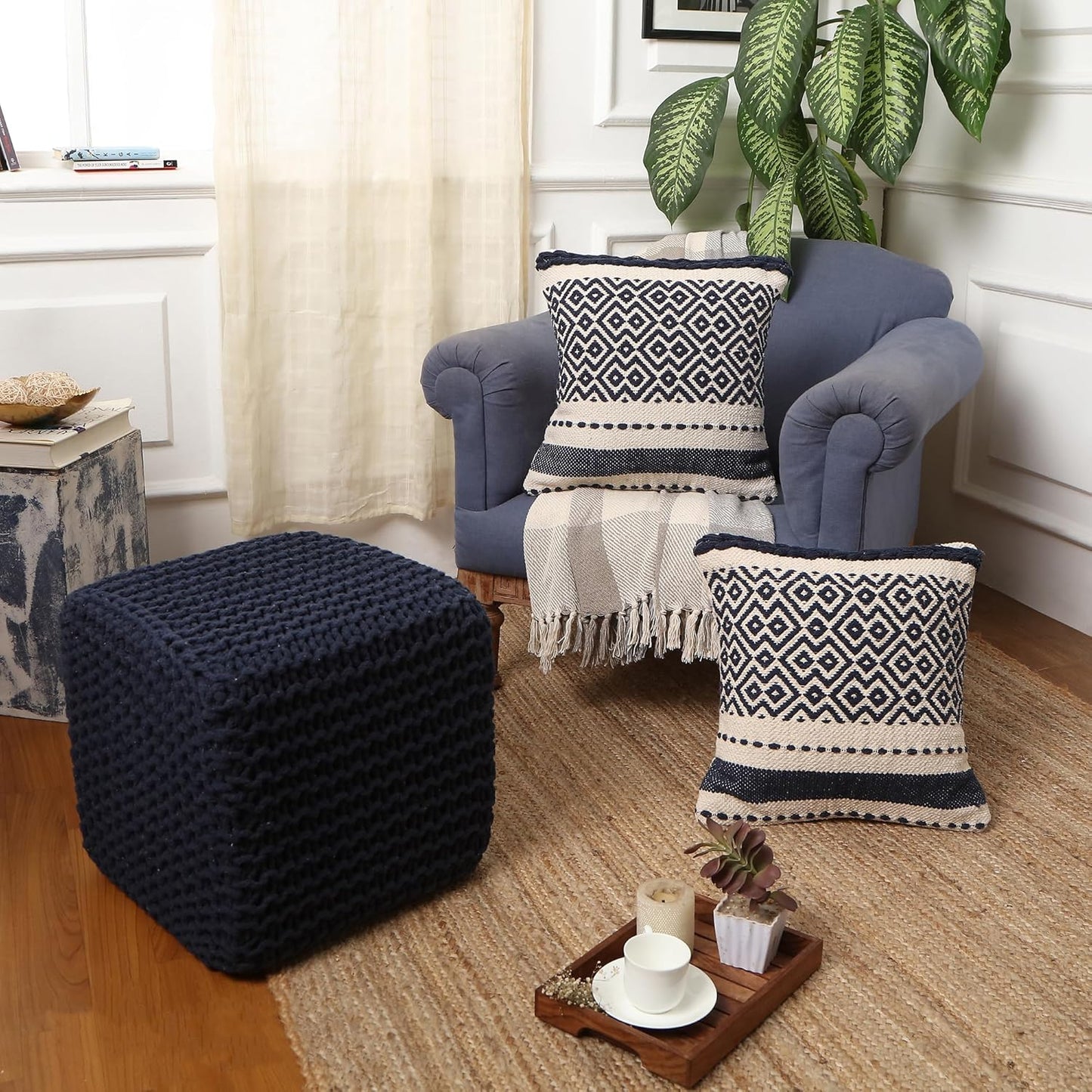 REDEARTH Square Hand Knitted Pouf - Foot Stool Ottoman Coffee Table - Cotton Cord Boho Pouffe - Poof Accent Footrest for Living Room - Bedroom - Library (16" x 16" x 16") - Navy Blue