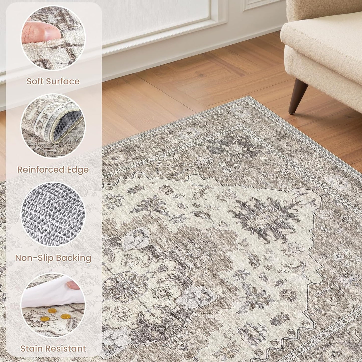 Washable Area Rugs for Living Room -6x9 Neutral Vintage Distressed Floral Farmhouse Boho Large Soft Floor Rug Indoor Non Slip Carpet for Living Room Bedroom Dining Room Office-Brown/Beige