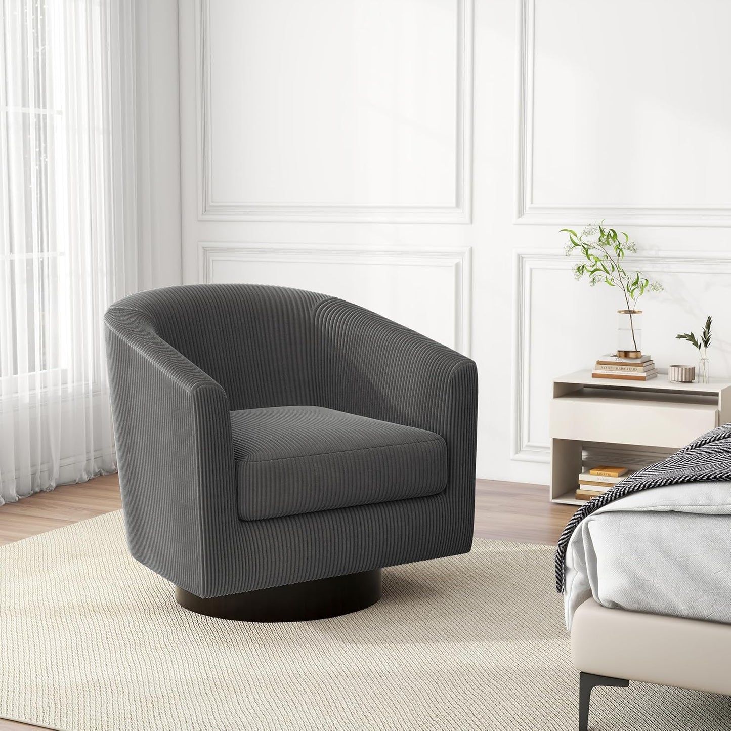 Swivel Barrel Accent Chair, Modern Round Corduroy Fabric Arm Chair for Living Room, Bedroom, Comfy Club Reading Chairs for Adults (Corduroy Grey, Set of 1)