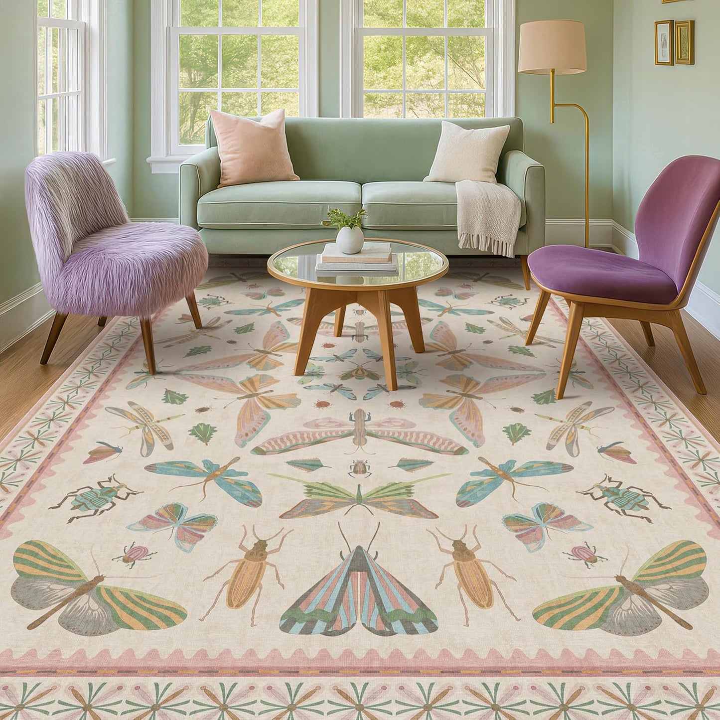 Washable 5x8 Light Pink Rug for Bedroom - Pink Boho Girl Nursery Rug, Living Room, Nature Insect Bug Print Home Decor