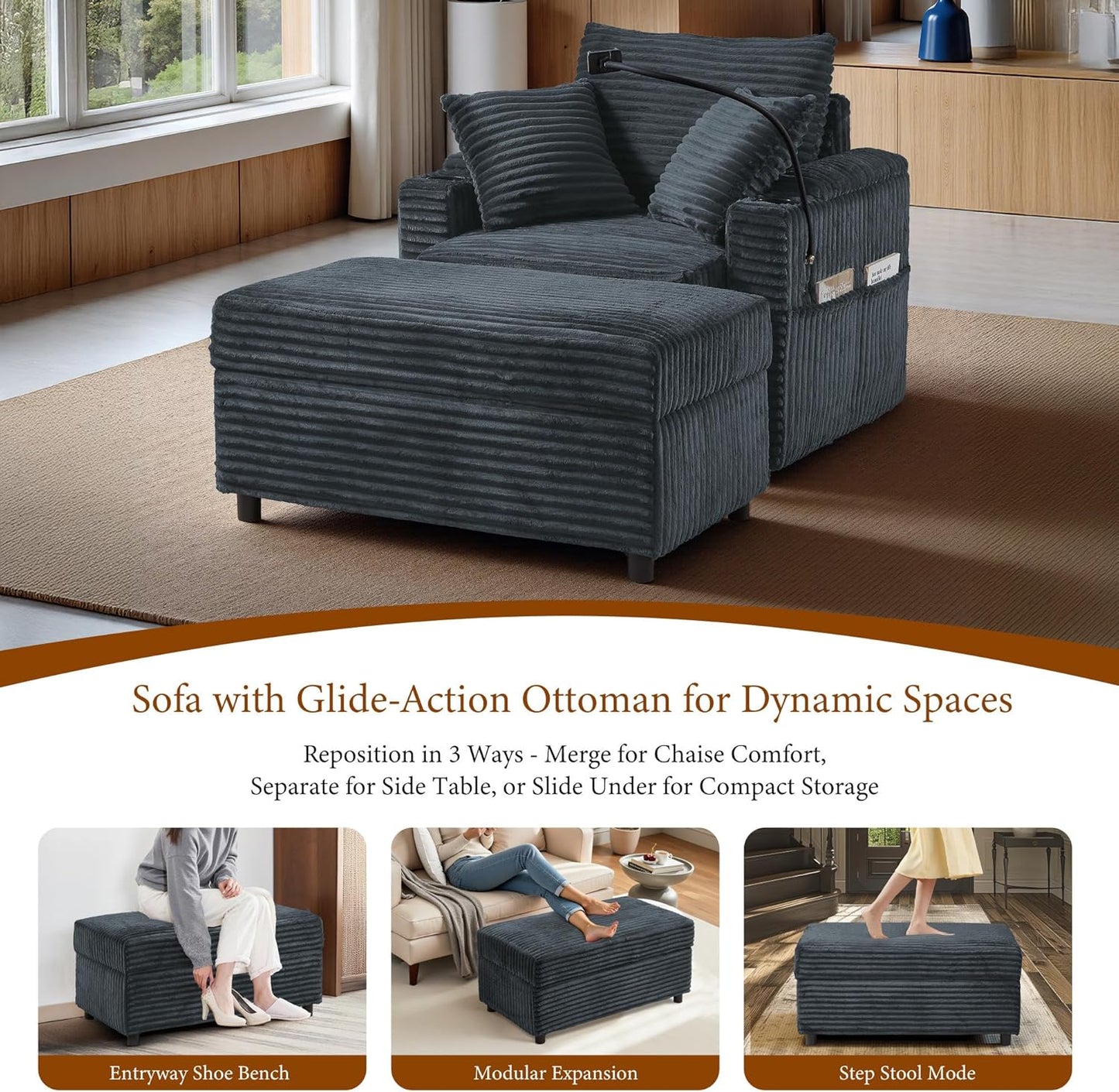 Accent Chair with Storage Ottoman Upholstered Living Room Chairs for Reading Chair with Chaise Lounge Chairs Indoor, Comfortable Armchair for Bedroom