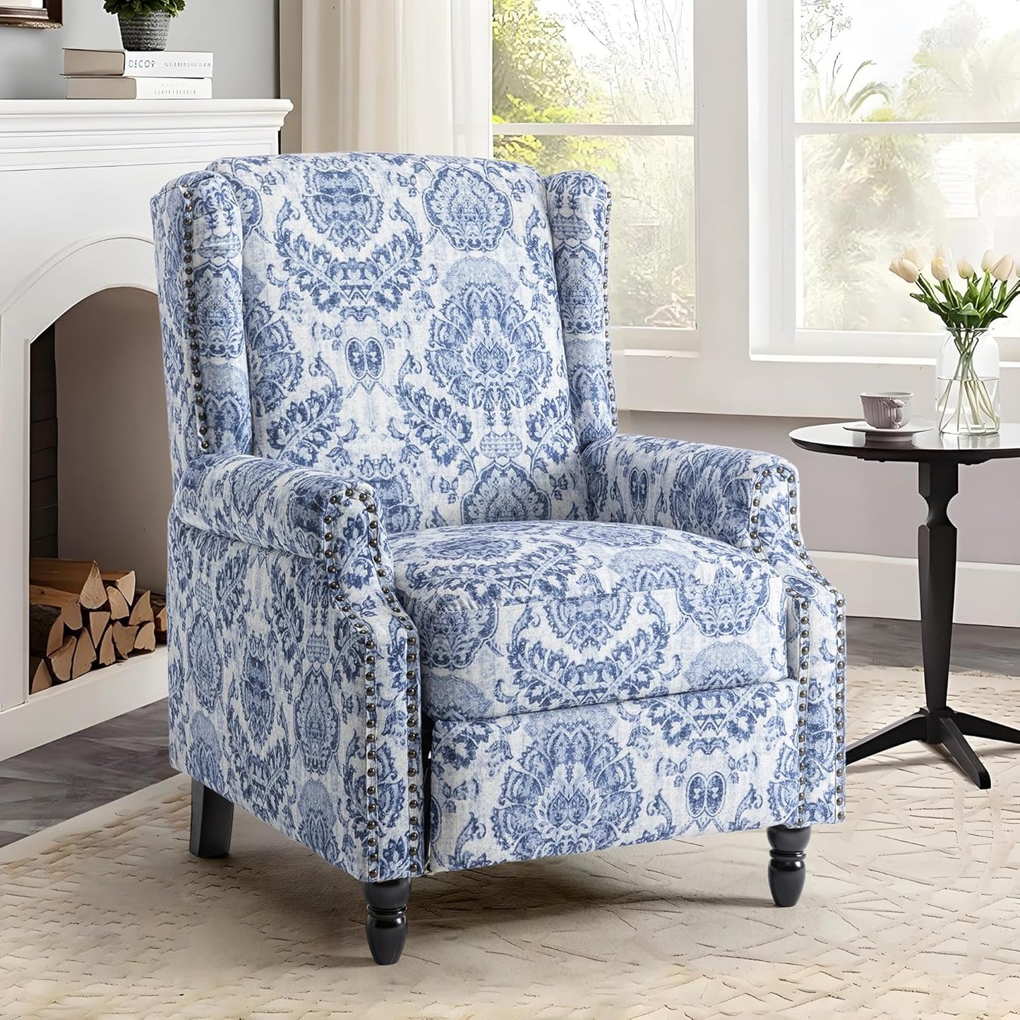 UIXE Floral Pushback Recliner Chairs Set of 2, Fabric Upholstered Armchair Push Back Accent Chair for Living Room, Rivet Trim Club Chair Home Theater Single Sofa Reading Seat - Navy Blue