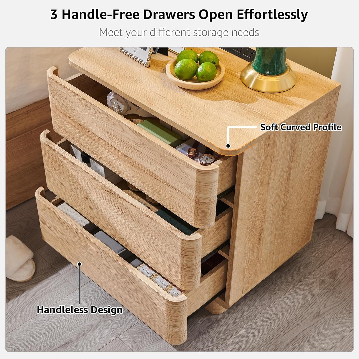 JXQTLINGMU 22" Modern Nightstand Set of 2 with Charging Station, Large Push-to-Open End Table, Wood Bedside Table, Curved Profile, Handleless 3 Drawer Night Stand for Bedroom, Living Room, Natural Oak