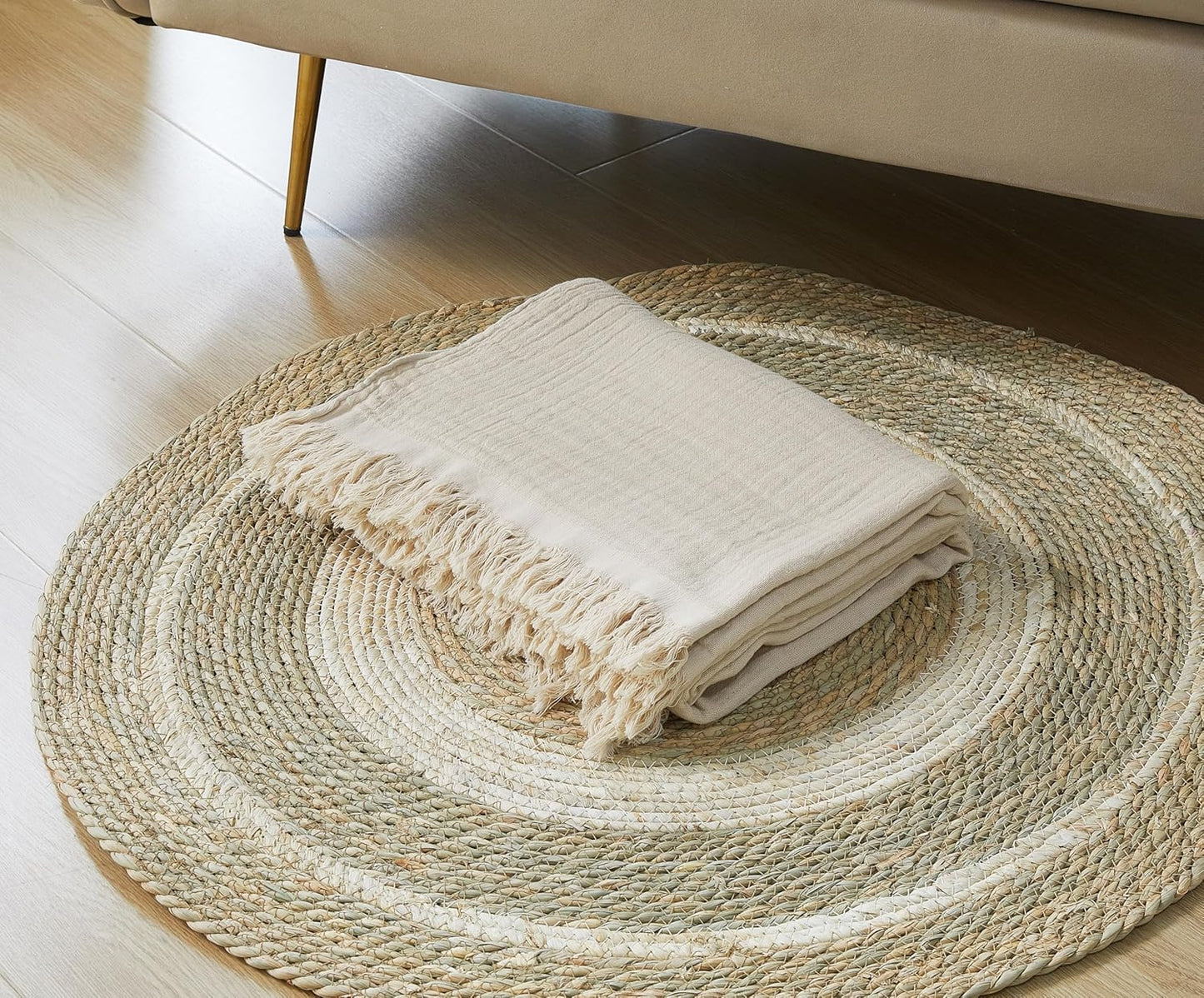 100% Cotton Muslin Throw Blanket for Bed, Couch, Small, Decorative, Soft, Pre-Washed, Breathable and Lightweight Gauze Blanket with Tassels, Suitable for All Seasons, Beige, 50"x60"