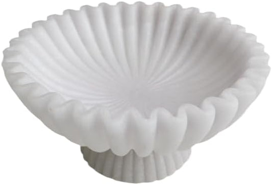 10" Large Decorative Bowl decor, Scalloped Bowls for Modern Home Decor,Ruffle Decor,Stylish Key Bowl for Entry Table,Decorative Fruit Bowl for Kitchen Counter,With base,Artificial Stone White