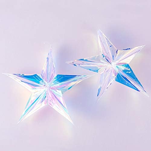 12 Inch Diameter Iridescent Ornament Star Hanging Decorations, Clear Foil Decorative Folding Decor, Rainbow Shine Party Ornaments for Bridal Shower Wedding Birthday Frozen Theme Party Decorations