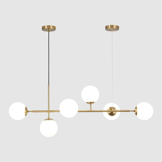 KCO Lighting Modern Globe Linear Chandelier 6 Light Milk Glass Chandeliers White and Gold Pendant Light Fixture Mid Century Rectangle Chandelier Brass Sputnik Island Lights for Kitchen