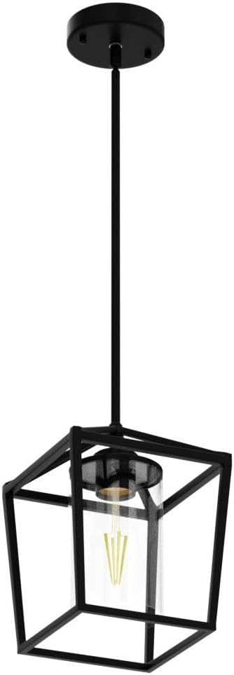 1 Pack Black Pendant Light Fixture Farmhouse Iron Cage Metal Pendant Light Lantern Hanging Light Fixtures with Clear Glass Shade for Kitchen Island, Dining Room, Hallway,Entryway1