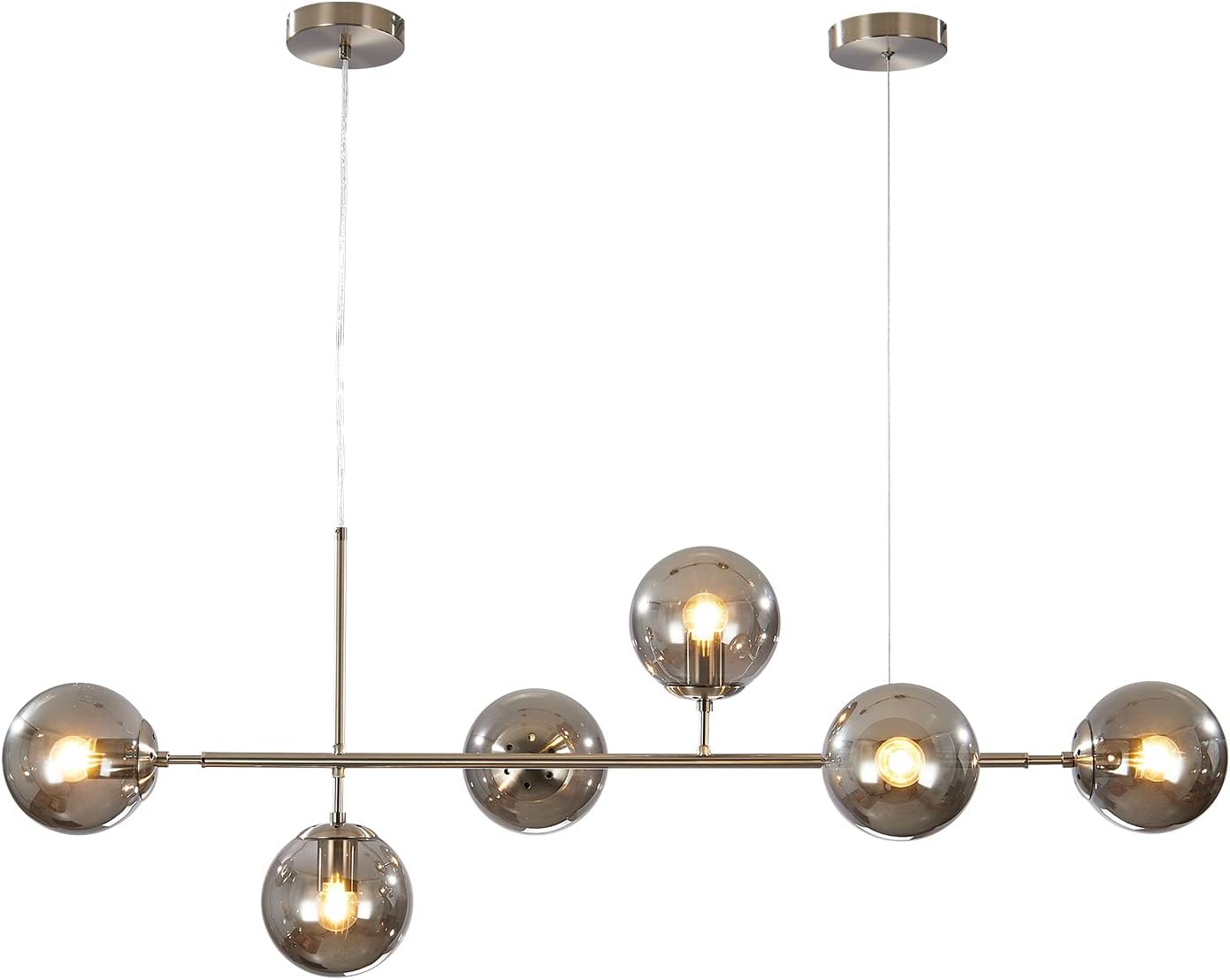 KCO Modern 6-Light Ceiling Pendant Lighting Mid-Century Glass Globes Sputnik Pendant Lamp Hanging Adjustable Chandelier for Kitchen Island Living Dining Room (Silver+Smoke Grey)