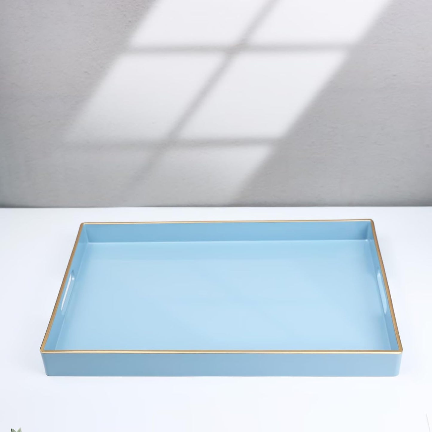 Spsyrine Blue Decorative Serving Tray with Handles, Elegant Plastic Coffee Table Tray for Ottoman, Living Room, Home Decor 15.6" X 10.2" Light Blue