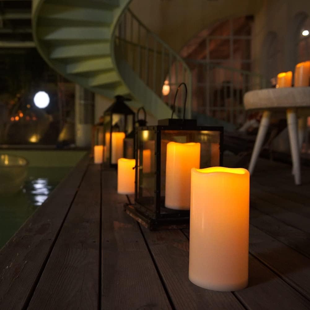 Homemory 4" x 10" Large Waterproof Outdoor Flameless Candles, Battery Operated LED Pillar Candles with Remote and Timers for Indoor Outdoor Lanterns, Long Lasting, Dark Ivory, Set of 4