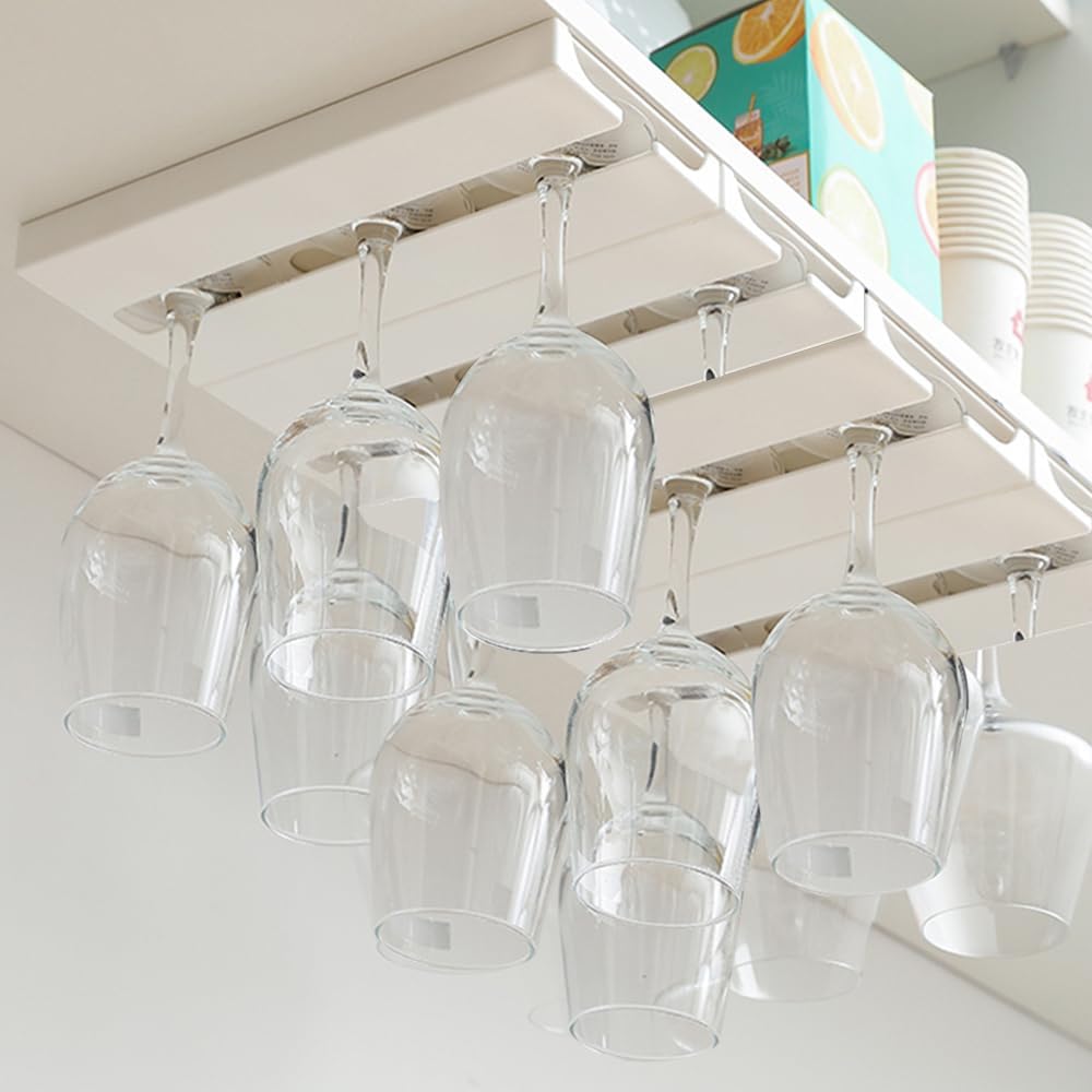2 Pcs Wine Glass Holder Under Shelf or Cabinet Punch-free,Stemware Rack Glassware Drying Storage Hanger for Kitchen,Bar and Restaurant (White)