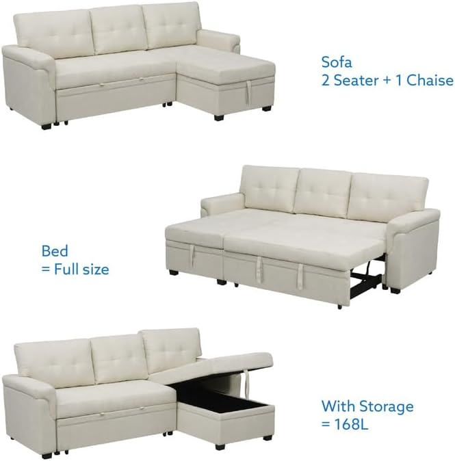 Naomi Home Transform Any Space: Sleeper Sectional Sofa with Convertible Sofa Bed & Inviting Chaise. Find Tranquil Comfort with Stress-Relieving Design & Durable Cushions - Cream/Velvet