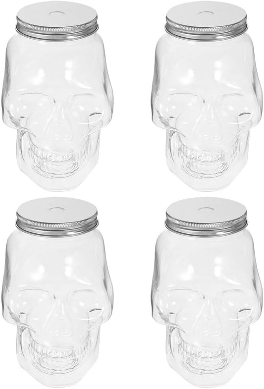 VOSAREA 4pcs Halloween Beverage Bottles Clear Skull Shaped Jar Cups 800ml Plastic Drink Bottles with Screw Straw Hole Lid Party Water Tumbler Skull Beverage Juice Mug