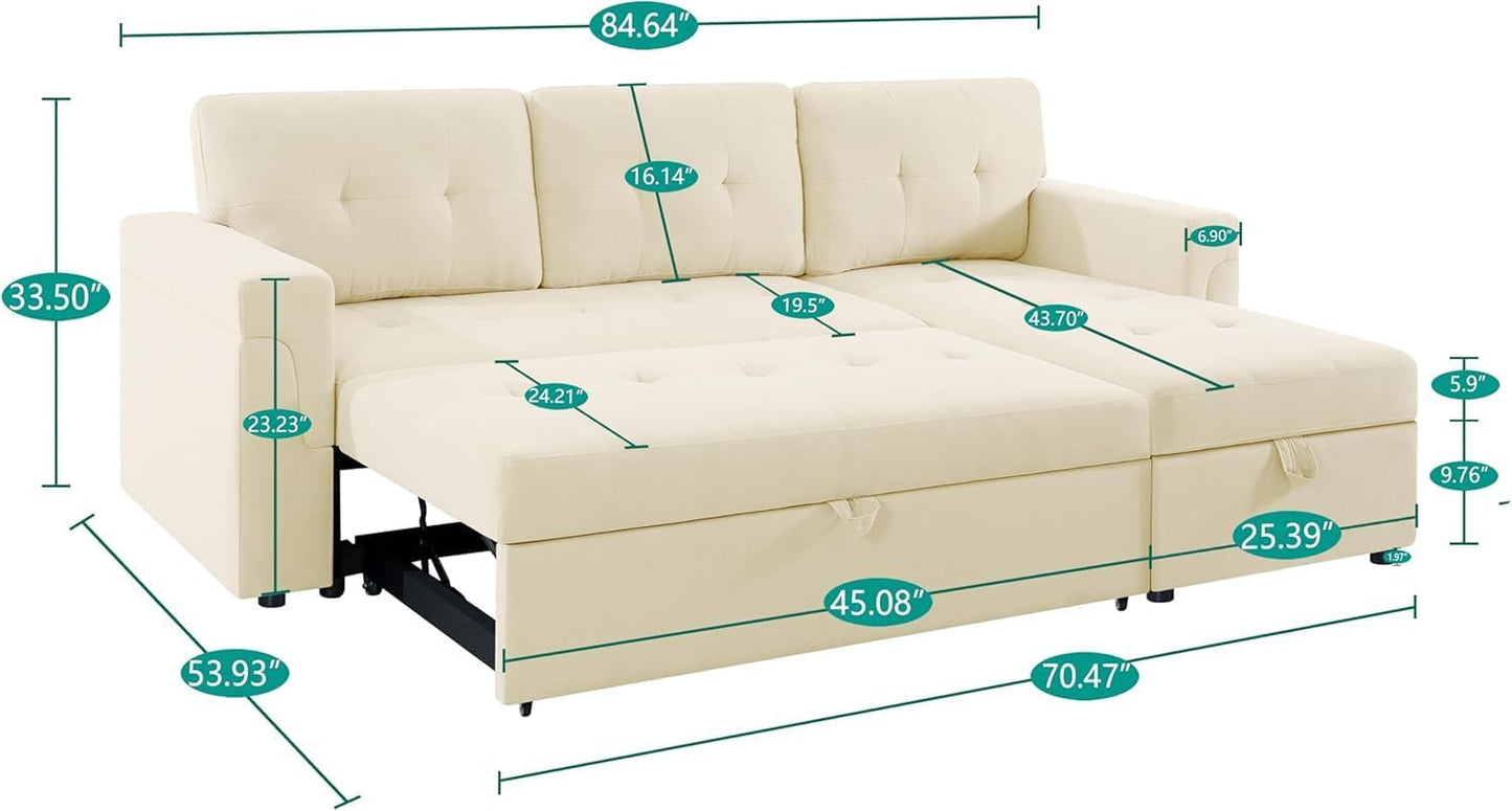 Naomi Home L-Shaped Reversible Sectional Sofa with Pull-Out Sleeper Bed and Storage Chaise, Cream Velvet