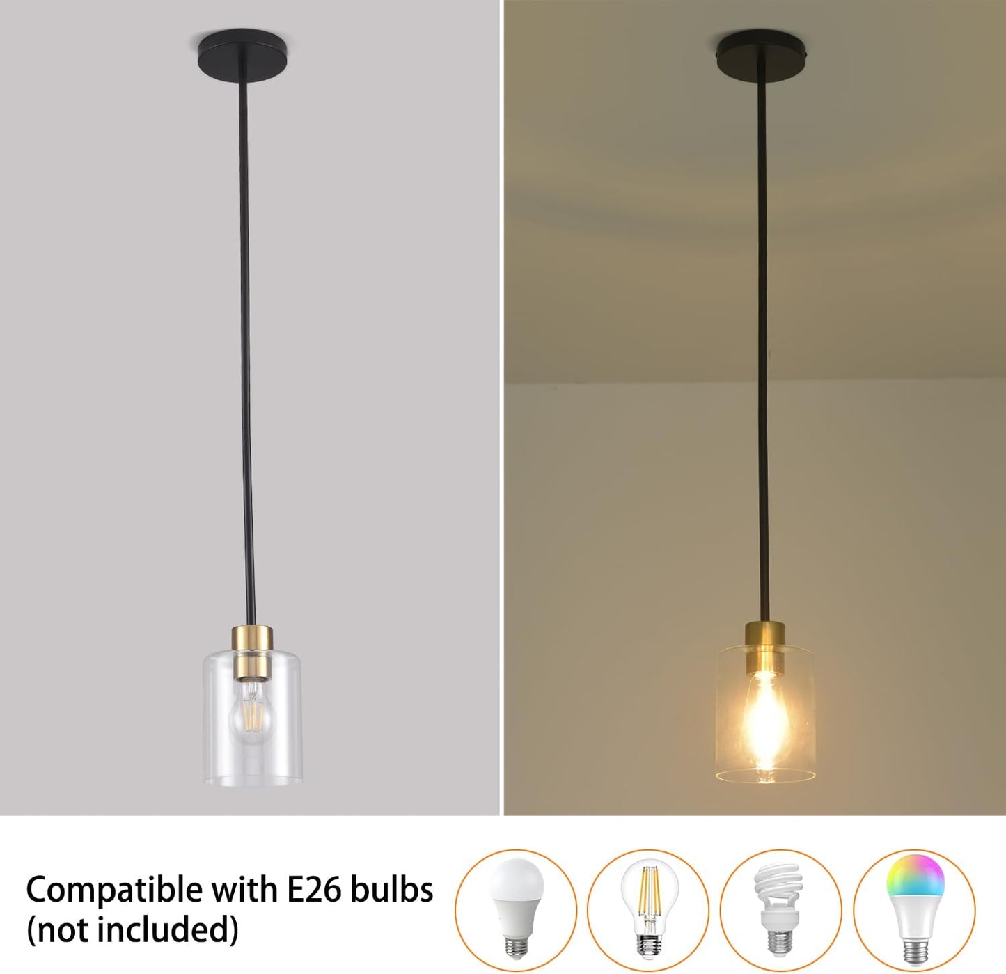 Black Brass Pendant Lights Kitchen Island - Clear Glass Pendant Light Fixture Multiple Stems Rods 3 Units 12 Inch 3 Units 4 Inch (2 Pack Black Brass Downrod)