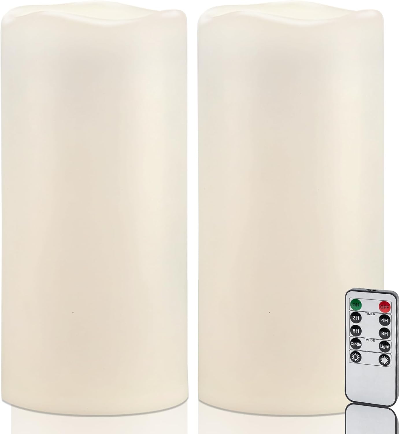 Amagic 2 Pack 8" x 4" Outdoor Plastic Electric flameless Candles with Remote Control and Timer, Battery Operated Flickering LED Pillar Fake Candle for Home, Wedding Decor, Ivory