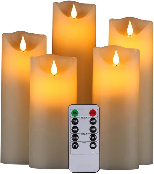 Flameless Battery Operated LED Candles 3D Wick with10key Button Remote Control 24-Hour Timer Set of 5 Electric Flickering Pillar Real Wax，Wedding, Party, Home Decoration