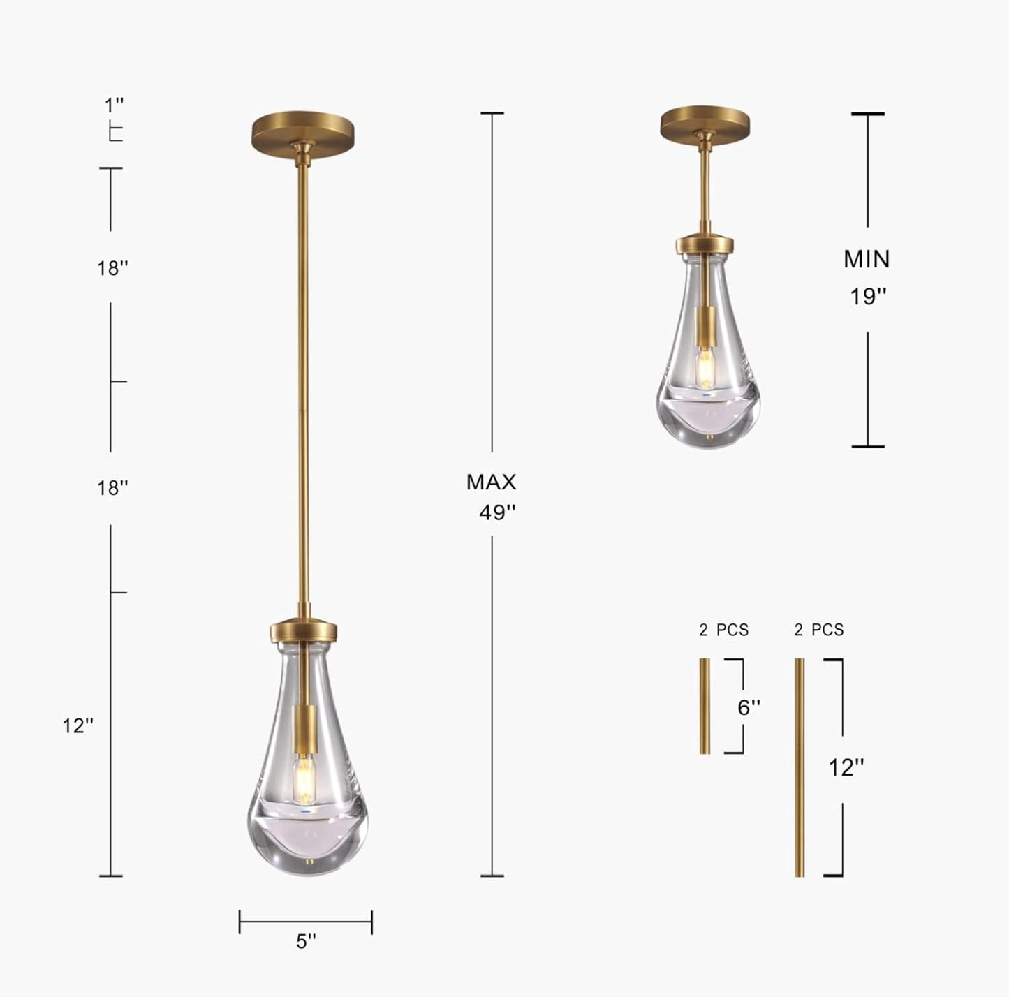 Raindrop Pendant Lights 2 Pack, Pendant Lights for Kitchen Island, Brass Rod Dining Room Light Fixture, Raindrop Chandelier, Pendant Lights for Living Room Hallway, Including Bulb