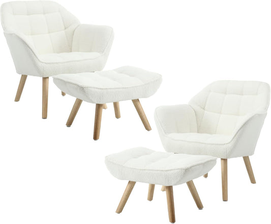 Modern Sherpa Accent Chair with Ottoman Set of 2, Fluffy Upholstered Lounge Chair with Footrest, Comfy Living Room Side Boucle Armchair for Small Space Bedroom, White
