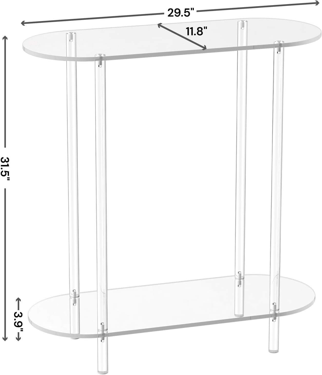Acrylic Console Table, Oval, 29.5" Small Entryway Table, Clear Entry Table for Sofa, Foyer, Hallway, Living Room, Easy Assembly, 2 Tier, 11.8" D x 31.5" H