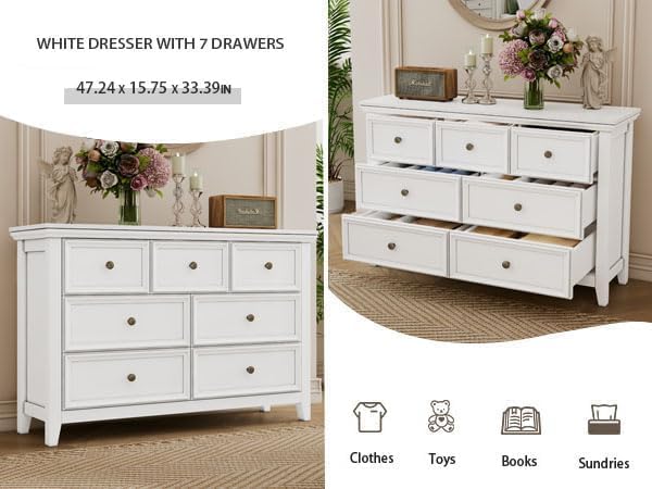 BLANKSPACE White 7 Drawer Dresser, Modern Dresser for Bedroom, Wood Drawer Organizer with Metal Knobs, Large Capacity Wood Cabinet for Bedroom