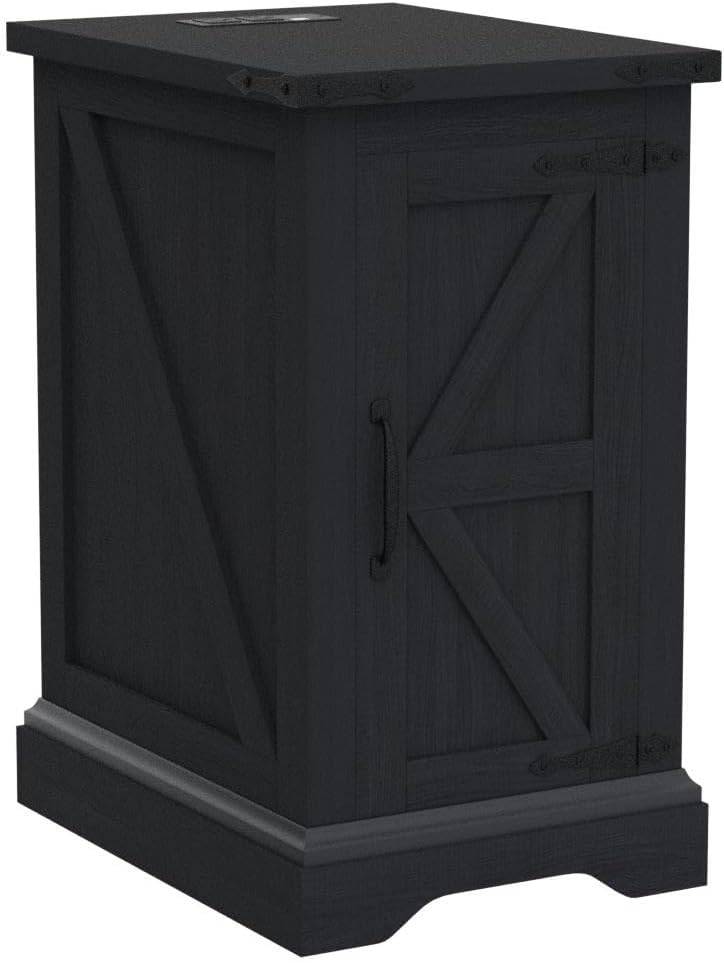 JXQTLINGMU Nightstand with Charging Station, Rectangular Farmhouse End Table with Barn Door and Adjustable Storage Shelf, 17" Deep Wood Rustic Sofa Side Table for Living Room, Bedroom, Black