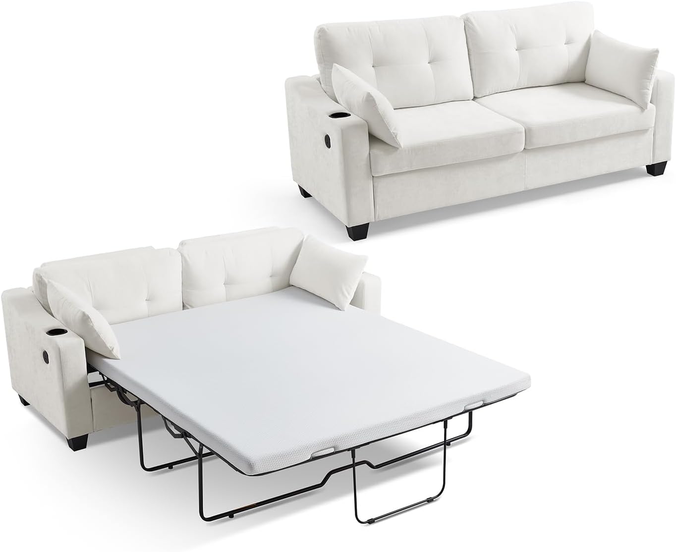 CHIC HOUSE Pull Out Sofa Bed, Full Size Sleeper Sofa, 2-in-1 Convertible Chenille Couch with USB Charging, Memory Form Corduroy Couch for Living Room, Apartment & Small Space (Beige, Chenille - Queen)