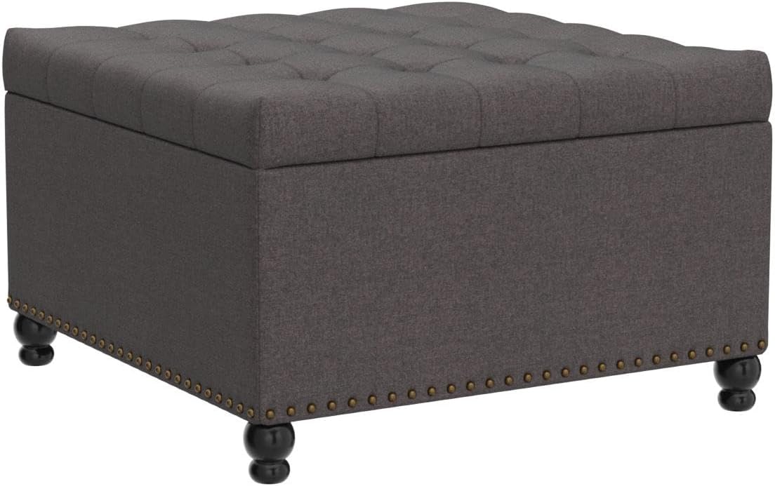 Tbfit Large Square Storage Ottoman Bench, Tufted Upholstered Coffee Table with Storage, Oversized Storage Ottomans Toy Box Footrest for Living Room, Dark Grey