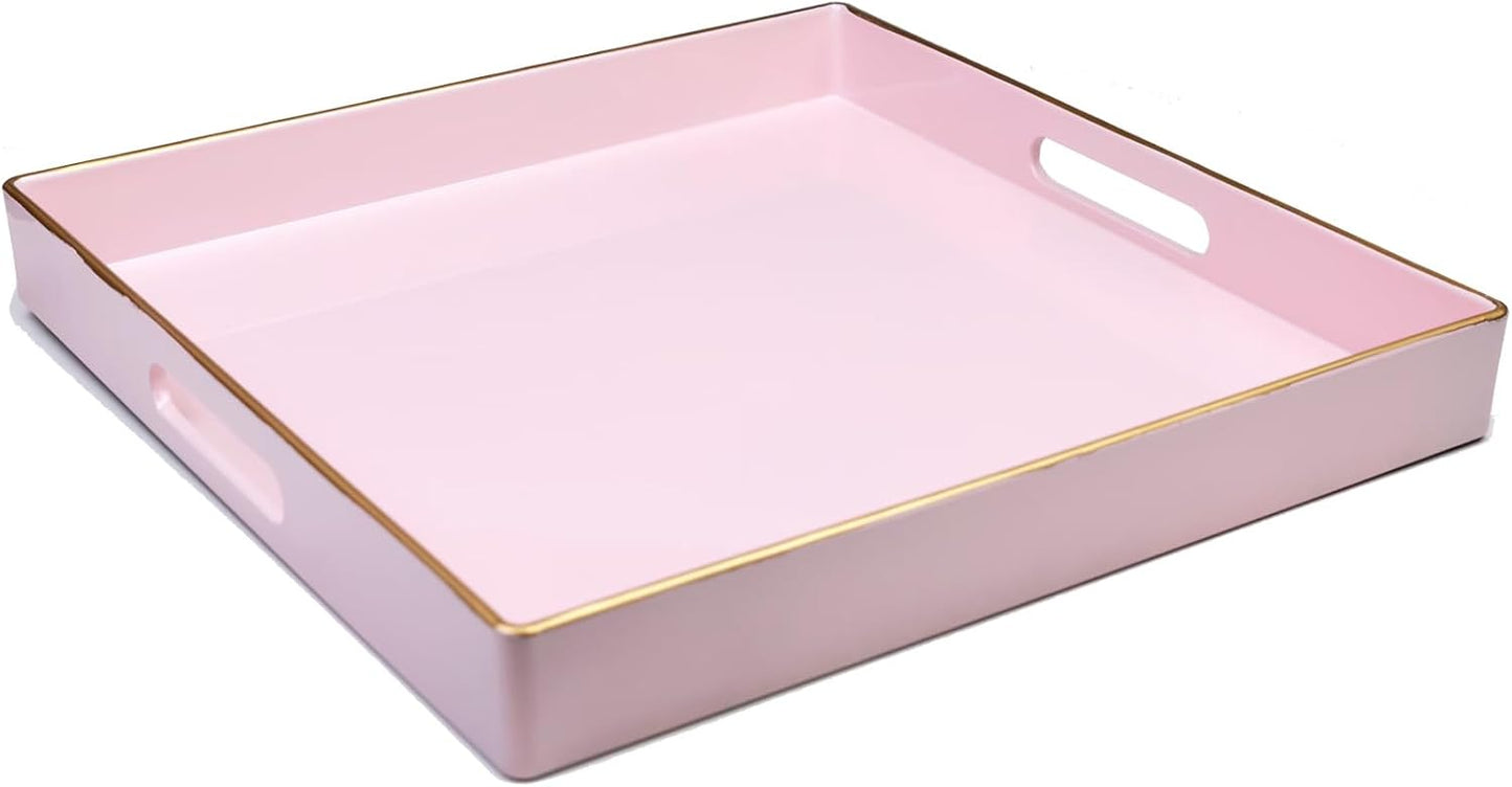 Spsyrine Pink Decorative Serving Tray with Handles, 13" X 13" Square Plastic Coffee Table Tray for Ottoman, Living Room, Bathroom, Home Decor.