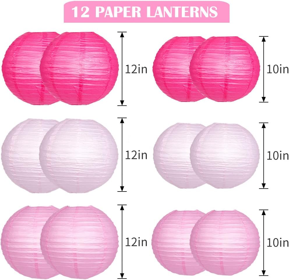 Paper Lanterns Decorative, Pink Hanging Round Chinese Lanterns with Lights for Engagement Bachelorette Birthday Party 12 LED Light Pack of 12