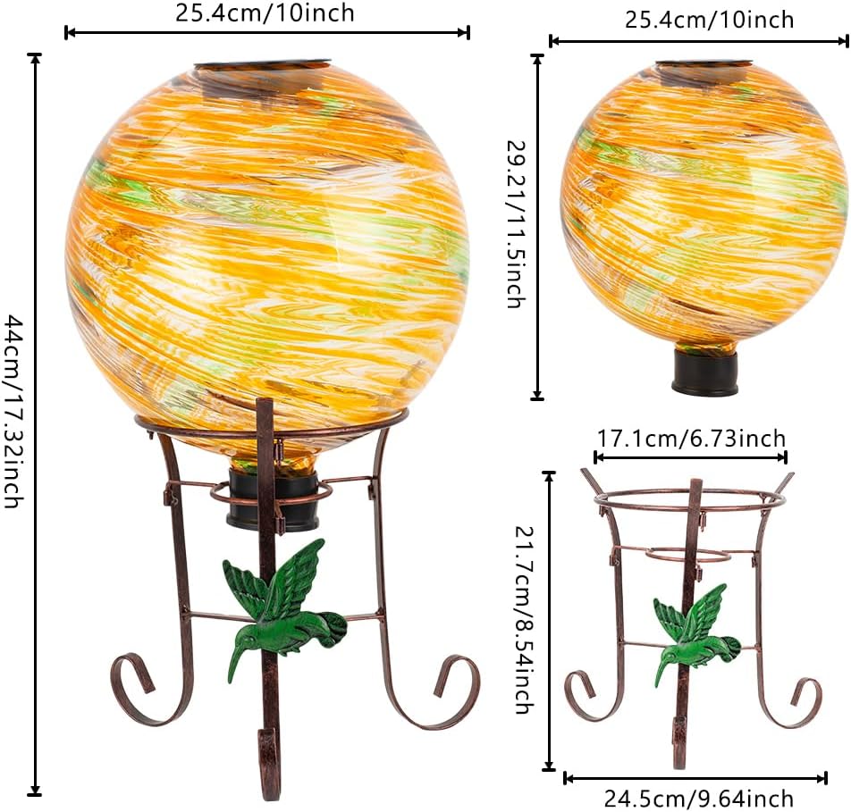 10" Diameter Solar Gazing Ball and 8.5" Metal Stand Indoor Outdoor Garden Ornament Glass Globe Sphere Yard Art Gazing Globe for Garden,Home,Lawn,Porch,Patio Birthday Gift for Women(Orange)