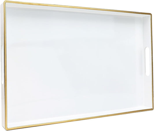Spsyrine White Decorative Serving Tray with Handles, Elegant Plastic Coffee Table Tray for Ottoman, Living Room, Home Decor 15.6" X 10.2"