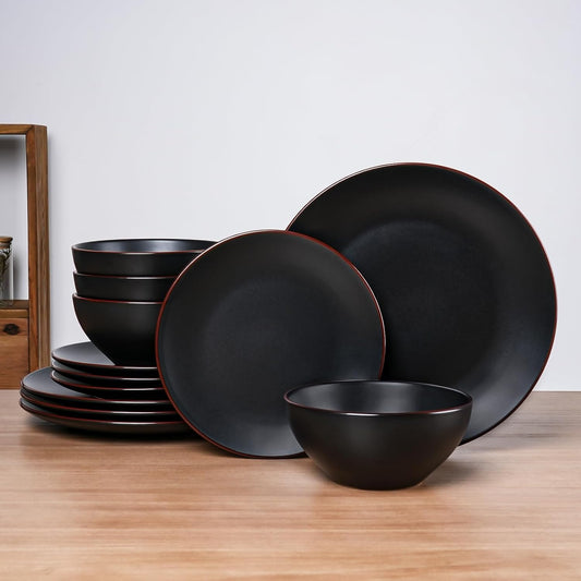 Famiware Venus Plates and Bowls Sets, 12 Pieces Stoneware Dinnerware Sets, Dishes Set for 4, Microwave and Dishwasher Safe, Matte Black