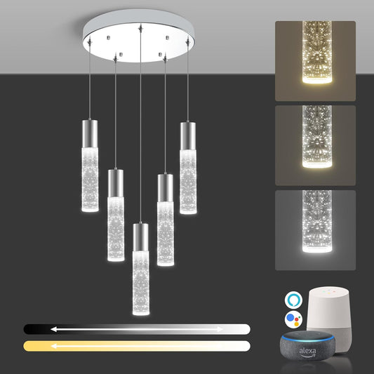 OKELI Smart Dimmable LED 5-Light Pendant Light for Kitchen Island, 18W 1350LM Modern Bubble Crystal Island Light Fixture with TUYA App & Voice Control, Adjustable 3000K-6000K, Electro-Chrome