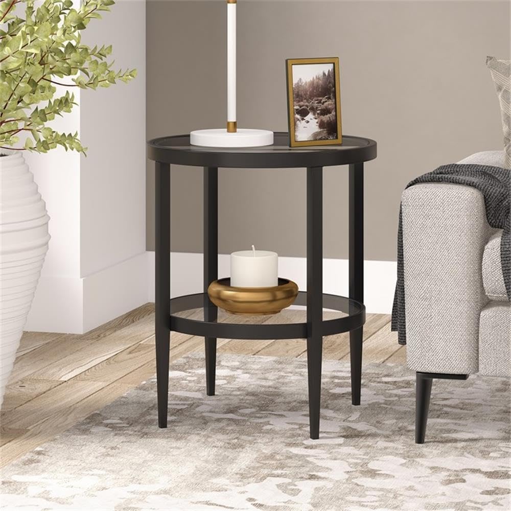 Henn&Hart 20" Wide Round Side Table with Glass Shelf in Blackened Bronze, Table for Living Room, Bedroom