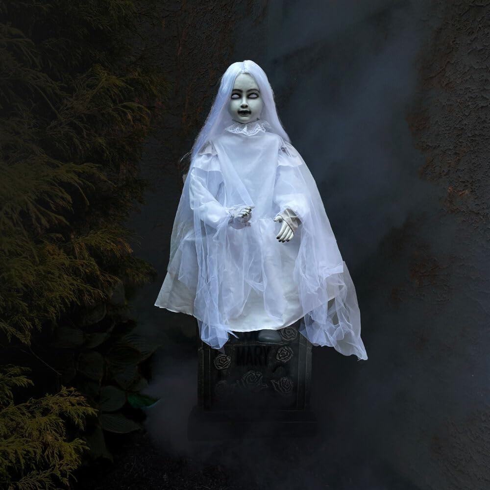 Haunted Hill Farm Motion-Activated Sitting Tombstone Girl by Tekky, Talking Animatronic for Indoor or Covered Outdoor Creepy Halloween Decorations, Plug-In or Battery Operated Prop