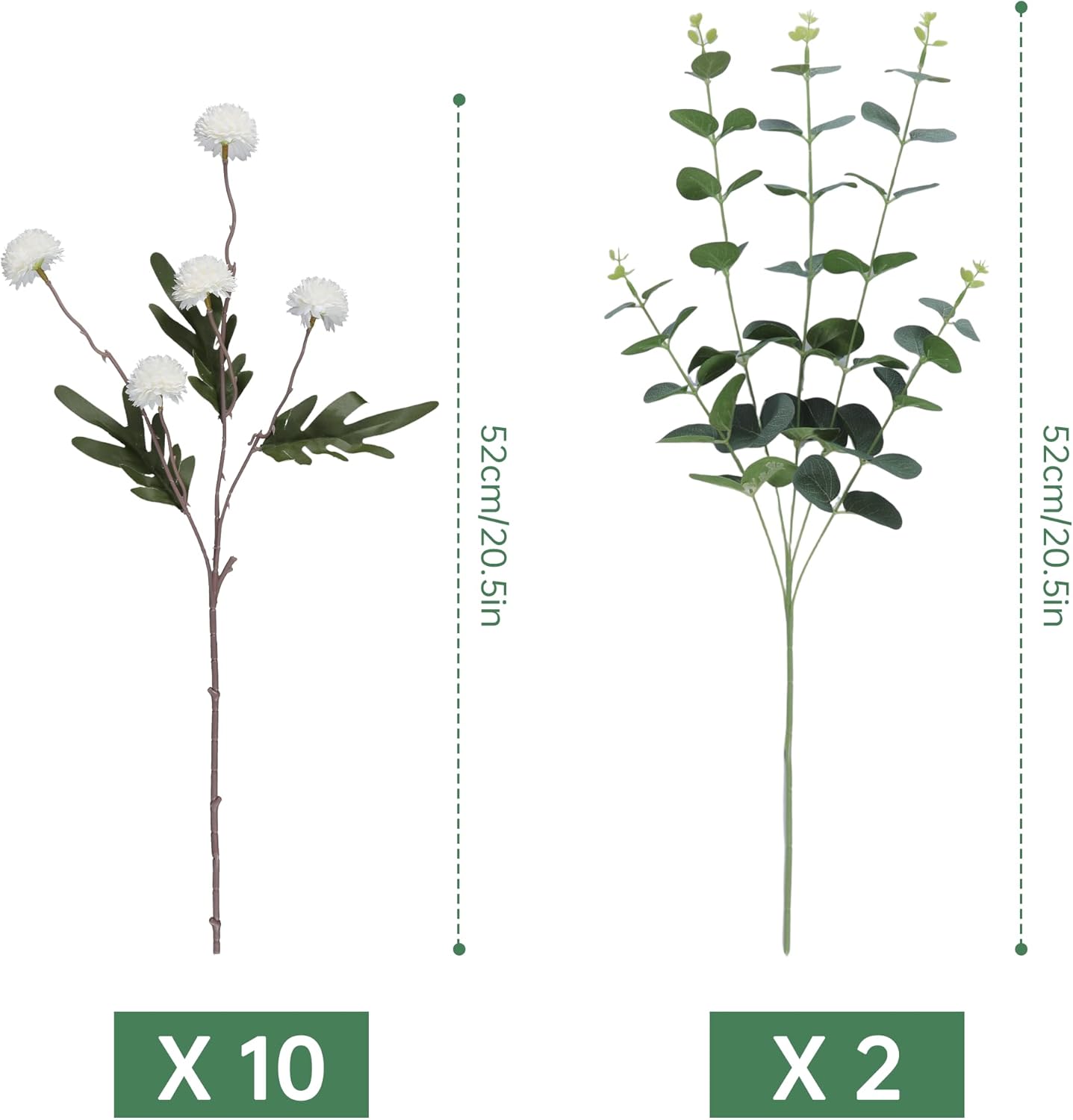 Faux White Kiku Flowers 10 Stems & 2 Eucalyptus, Fake Mums Pompon Flower Ball, Autumn Artificial Chrysanthemums Flowers for Boho Bedroom Decor, Silk Mini Faux Kiku Flower Wedding Arrangements Decor